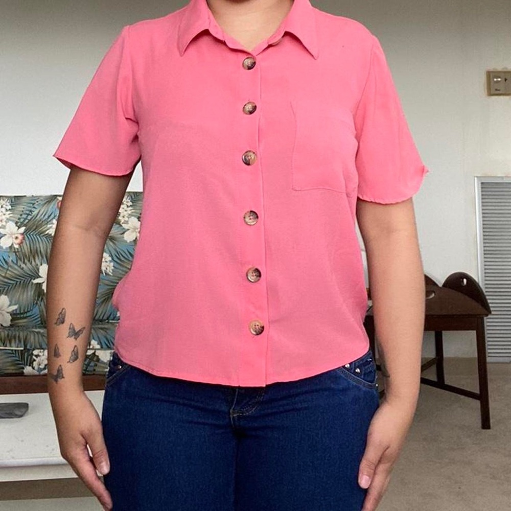 Pink rose short sleeve peach button up dress shirt.